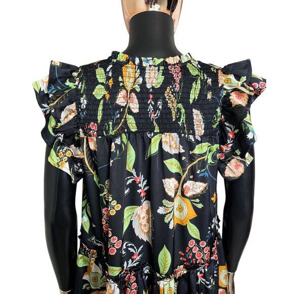 GiGiO USA Black Floral Ruffle Mini Dress Tiered Babydoll Sateen Fabric Small - Picture 8 of 11